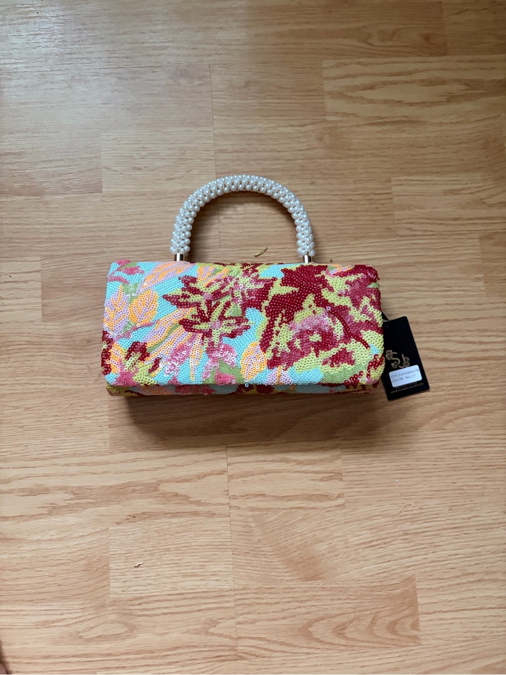 Floral Beaded Clutch with Pearl Handle - Multicolor
